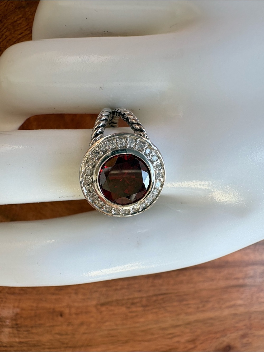 Vintage Silver-Tone Garnet Halo Ring with Deep Red Gem - Size 8.75